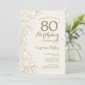 Floral Cream Gold Photo 80th Birthday Party Invitation (Standing Front)