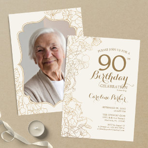 Floral Cream Gold Photo 90th Birthday Party Invitation