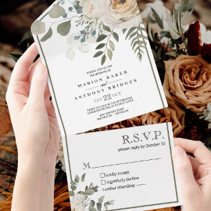 Floral Cream Off White Roses Greenery  Wedding All In One Invitation