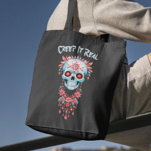 Floral Creepy Sugar Skull Funny Halloween Tote Bag