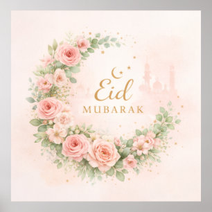 Floral Crescent Eid Mubarak Wall Art – Soft Pink &