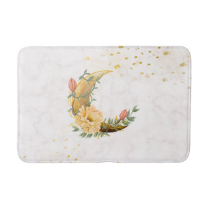 Floral Crescent Moon, Beige and Yellow Graphic Bath Mat