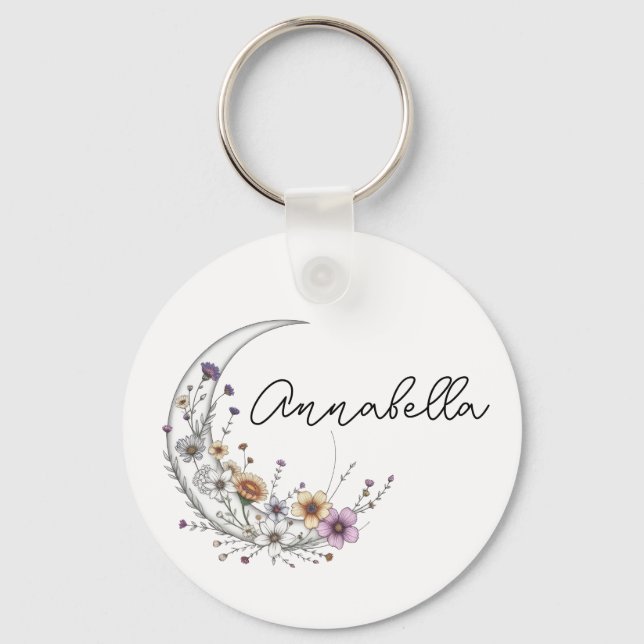 Floral Crescent Moon Personalised Celestial Art Key Ring (Front)