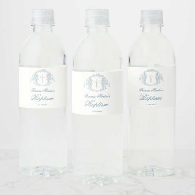 floral crest | Baptism Water Bottle Label (Bottles)