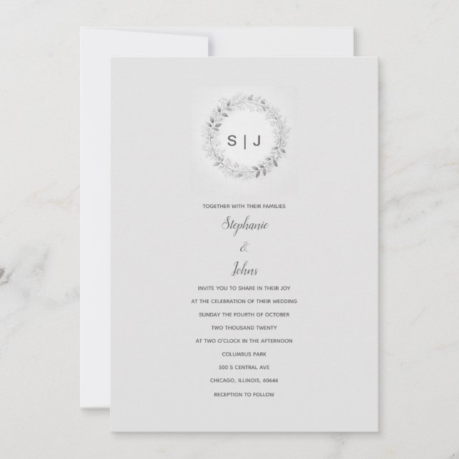 Floral Crest Black White Grey Monogram Wedding Invitation (Front)