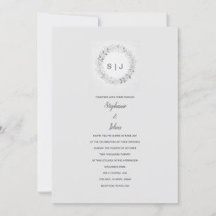 Floral Crest Black White Grey Monogram Wedding Invitation