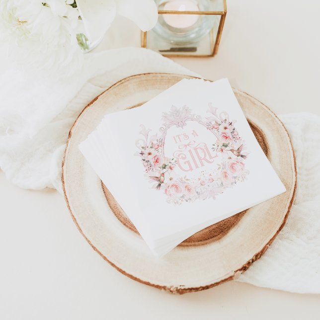 Floral Crest Blush Pink It's a Girl Baby Shower Napkin (Creator Uploaded)