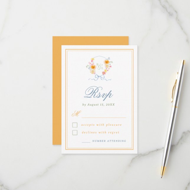Floral Crest Bow Monogram Spring Wedding RSVP Card (Front/Back In Situ)