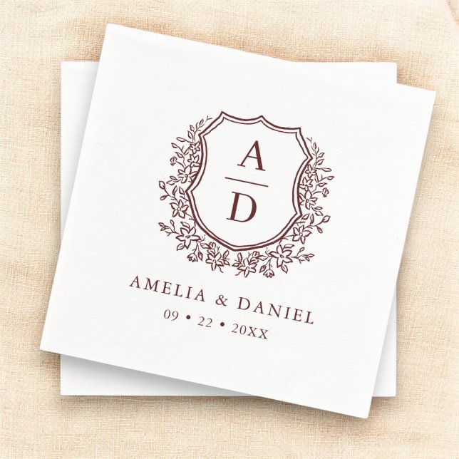 Floral Crest Burgundy Wedding Monogram Napkin (Creator Uploaded)