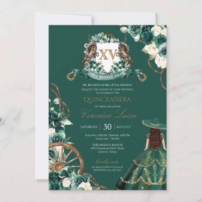 Floral Crest Emerald Green Charro Quinceanera Gown Invitation (Front)