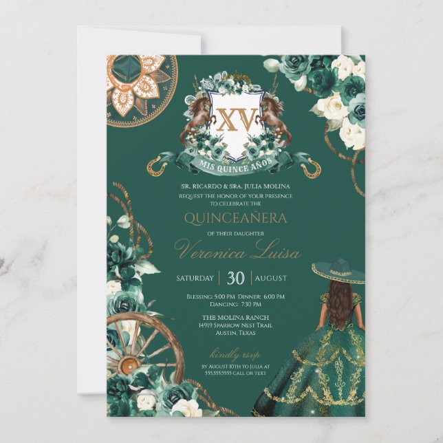 Floral Crest Emerald Green Charro Quinceañera Invitation (Front)