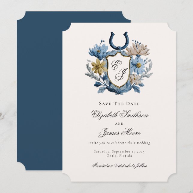 Floral Crest Equestrian Horseshoe Monogram  Save The Date (Front/Back)