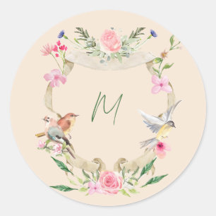 Floral Crest Monogram Gender Neutral Classic Round Sticker