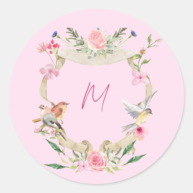 Floral Crest Monogram Pink Classic Round Sticker (Front)
