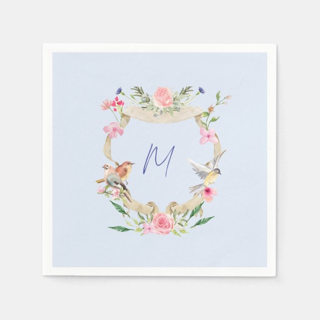 Floral Crest Monogrammed Blue Napkin (Front)
