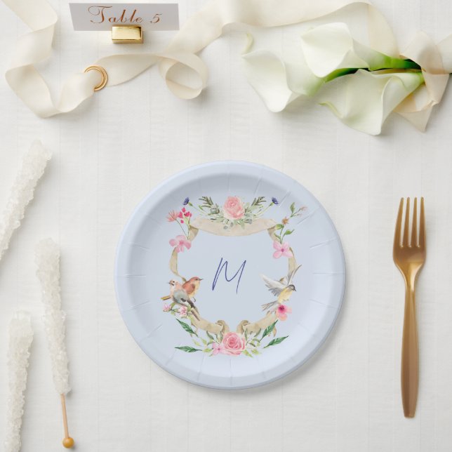 Floral Crest Monogrammed Blue Paper Plate (Wedding)