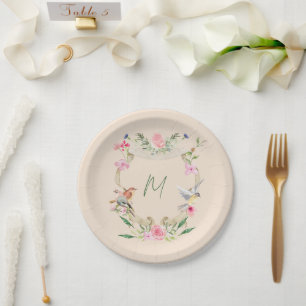 Floral Crest Monogrammed Gender Neutral Paper Plate