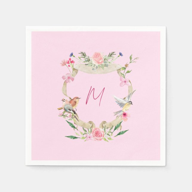 Floral Crest Monogrammed Pink Napkin (Front)