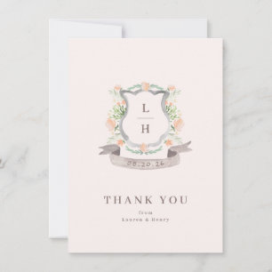 Floral Crest Watercolor Monogram Wedding Flat Thank You Card
