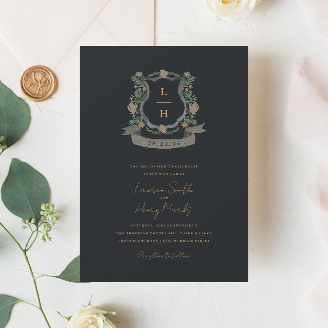 Floral Crest Watercolor Monogram Wedding Invitation (Creator Uploaded)