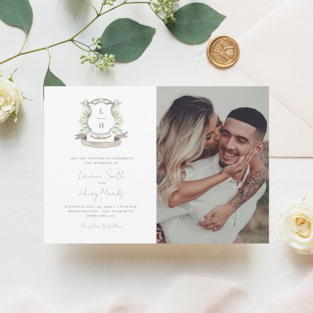 Floral Crest Watercolor Monogram Wedding Invitation (Creator Uploaded)