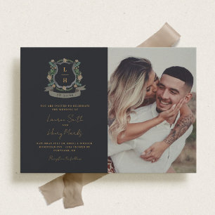 Floral Crest Watercolor Monogram Wedding Invitation