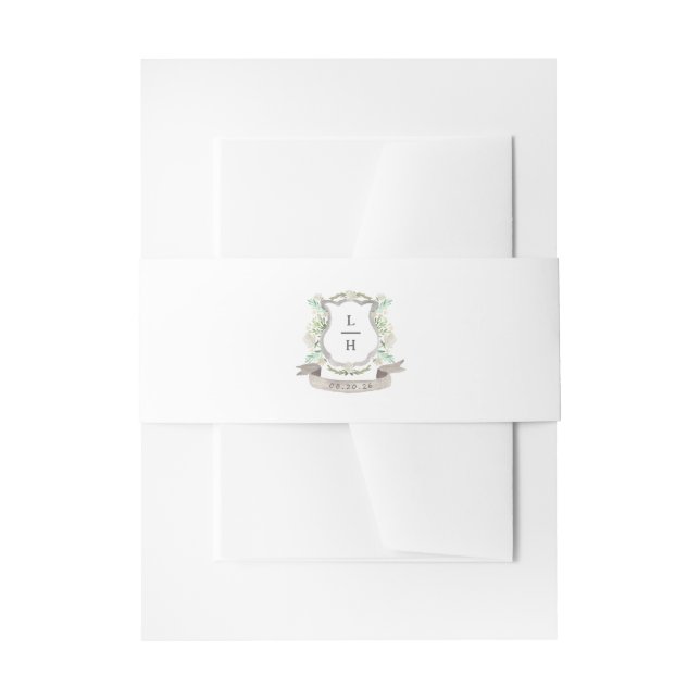 Floral Crest Watercolor Monogram Wedding Invitation Belly Band (Front Example)
