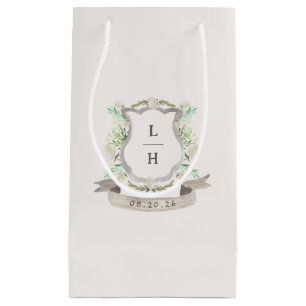 Floral Crest Watercolor Monogram Wedding Small Gift Bag