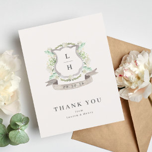 Floral Crest Watercolor Monogram Wedding Thank You Card