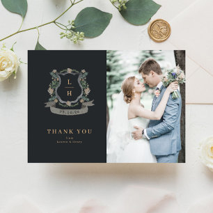 Floral Crest Watercolor Monogram Wedding Thank You Card