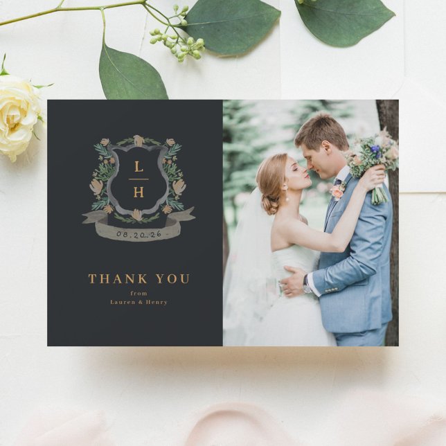 Floral Crest Watercolor Monogram Wedding Thank You Card (Creator Uploaded)