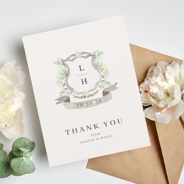 Floral Crest Watercolor Monogram Wedding Thank You Card (Creator Uploaded)