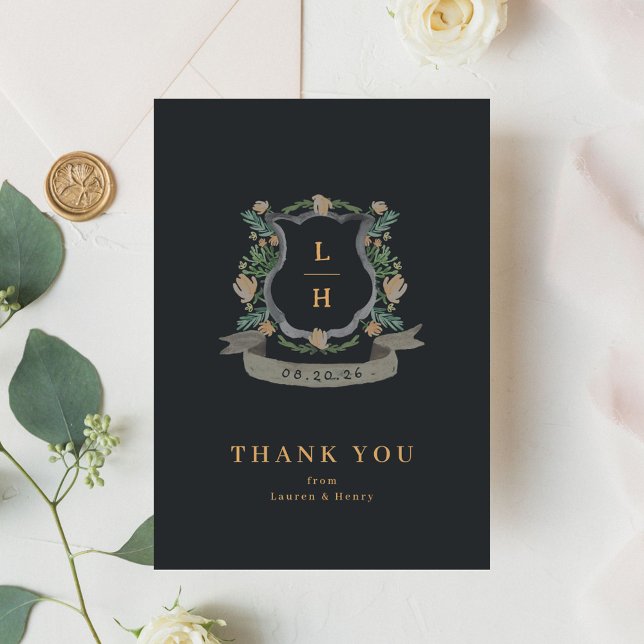 Floral Crest Watercolor Monogram Wedding Thank You Card (Creator Uploaded)