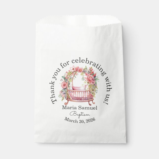 Floral Crib Baby Girl Sticker Pink Favour Bag (Front)