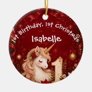 Floral Crimson Unicorn 1st Birthday Christmas Ceramic Ornament