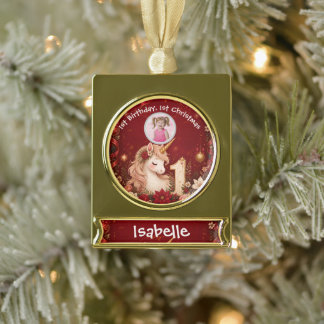 Floral Crimson Unicorn 1st Birthday Christmas Gold Plated Banner Ornament
