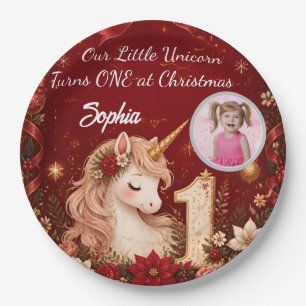 Floral Crimson Unicorn 1st Birthday Christmas Paper Plate