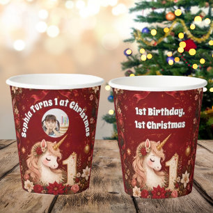 Floral Crimson Unicorn Christmas 1st Birthday Paper Cups