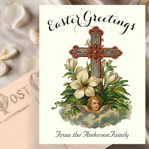 Floral Cross and Cherub Vintage Easter Religious Postcard