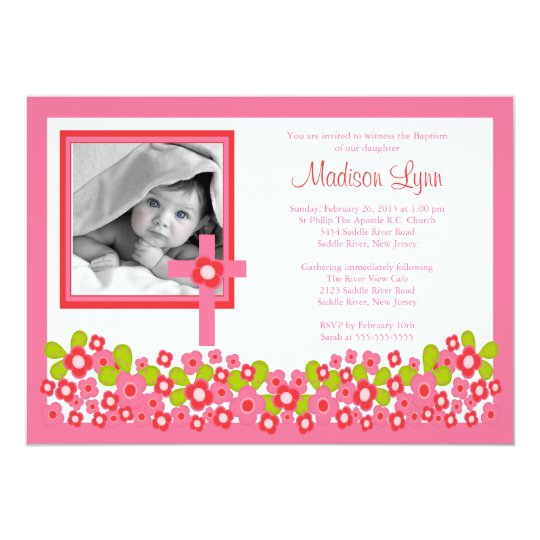 Floral Cross Baby Girl Photo Baptism Inviation Card