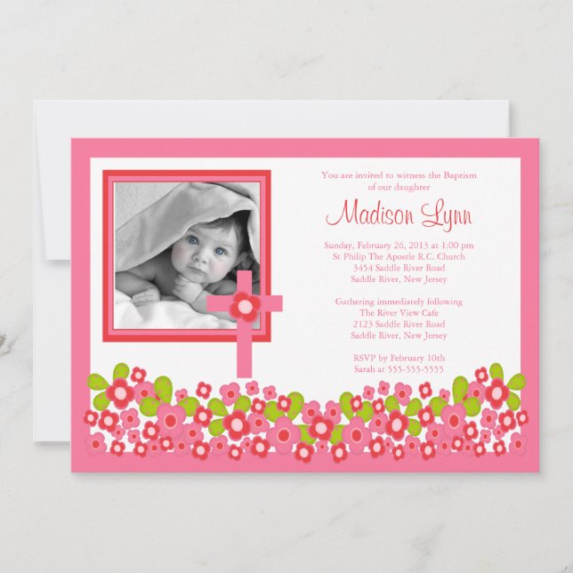 Floral Cross Baby Girl Photo Baptism Inviation Invitation (Front)