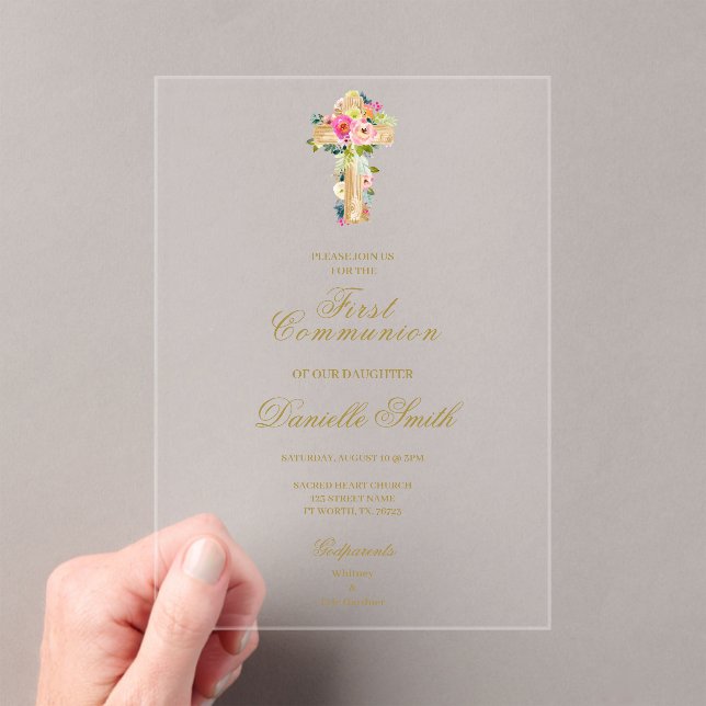 Floral cross Baptism Acrylic Invitations (Insitu (Handheld))