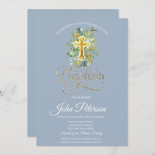 Floral Cross Baptism Dusty Blue Invitation (Front/Back)