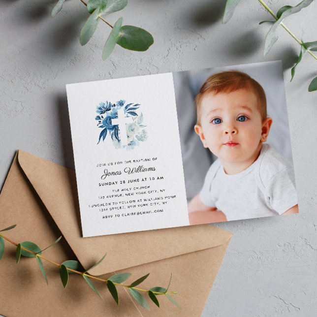 floral cross Baptism photo invitation (Creator Uploaded)