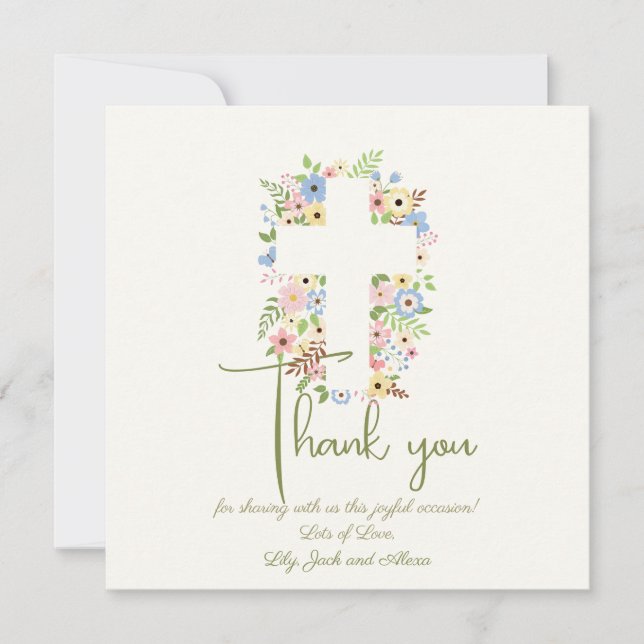 Floral Cross Baptism Thank You Card – Soft Pastel (Front)