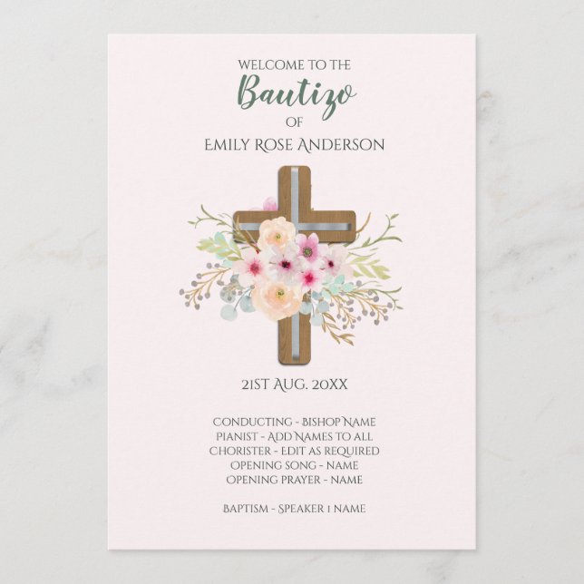 Floral Cross BAUTIZO Bautismo Baptism Program (Front)