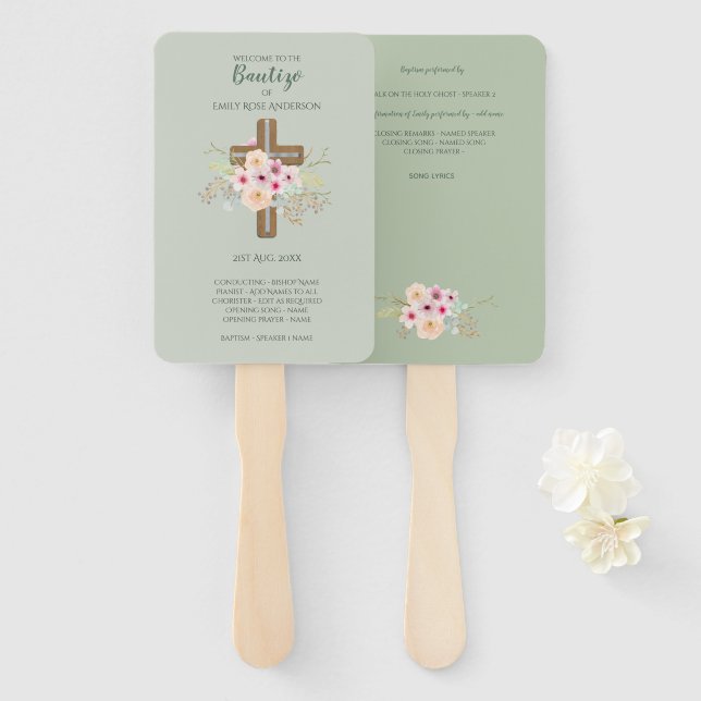 Floral Cross BAUTIZO Bautismo Baptism Program Hand Fan (Front and Back)