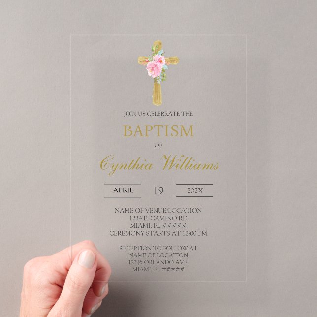 Floral cross beige baptism acrylic invitations (Insitu (Handheld))
