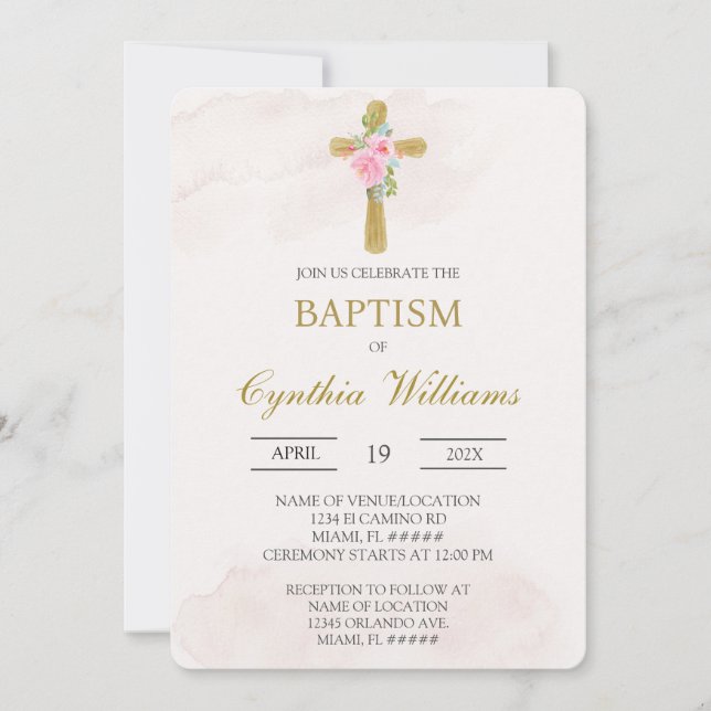 Floral cross beige baptism invitation (Front)