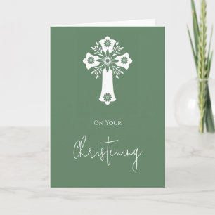 Floral Cross Card Christening Fern Green
